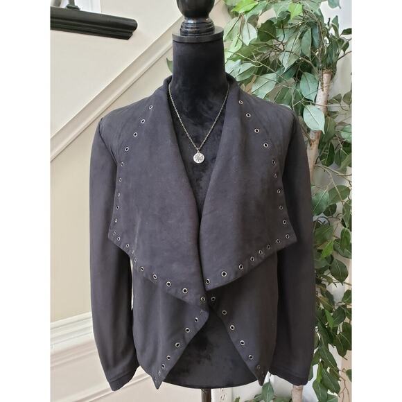Express Suede Jacket Women Small Black Eyelet Embellished Long Sleeve Open Front - Picture 2 of 12